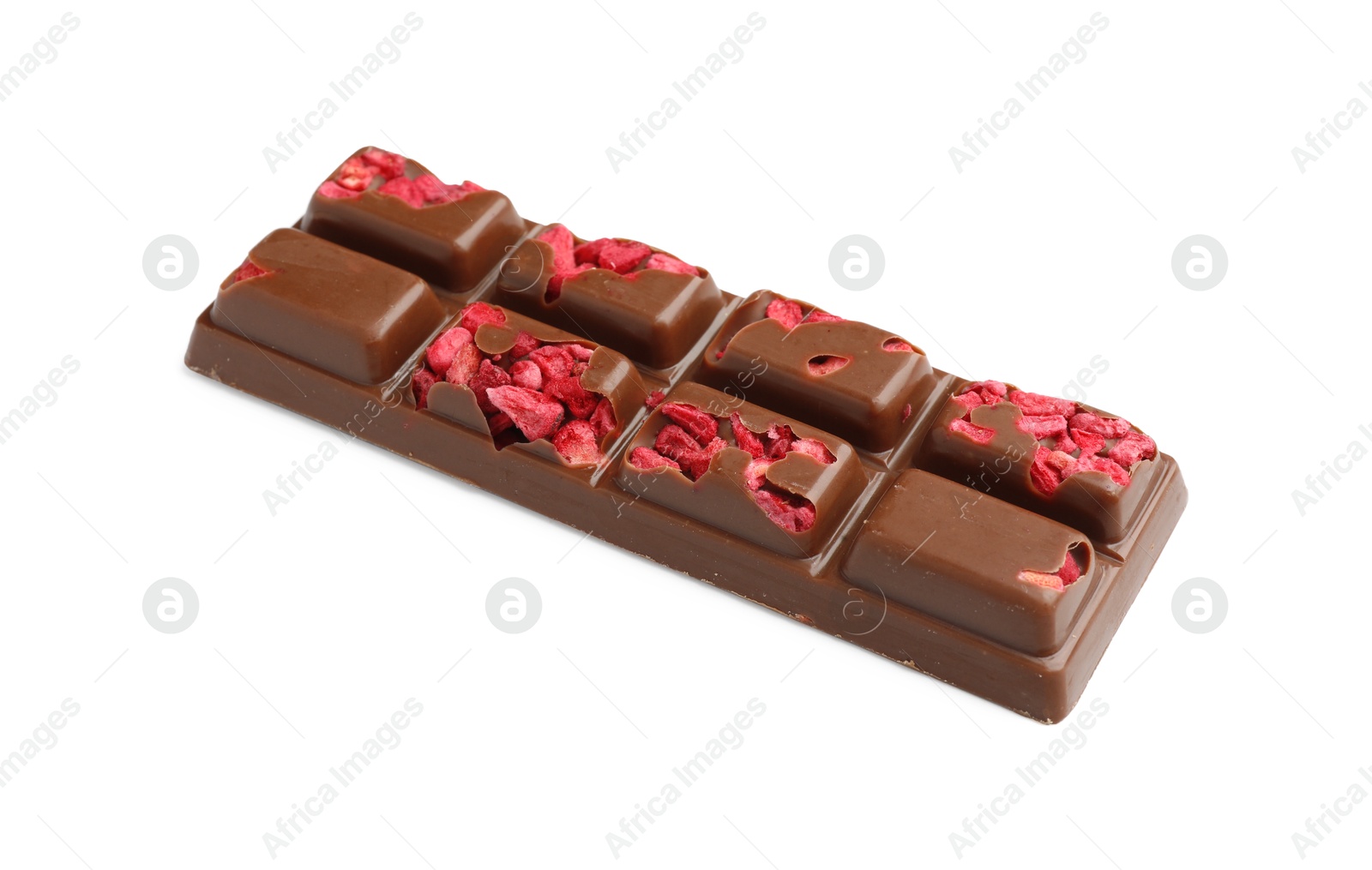 Photo of One tasty chocolate bar with pieces of raspberry isolated on white