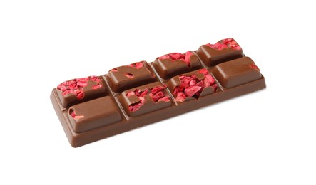 Photo of One tasty chocolate bar with pieces of raspberry isolated on white