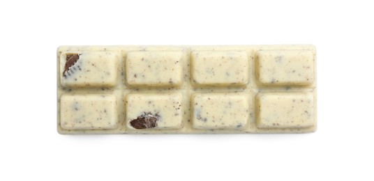 Photo of One tasty chocolate bar with crumbs of cookie isolated on white, top view