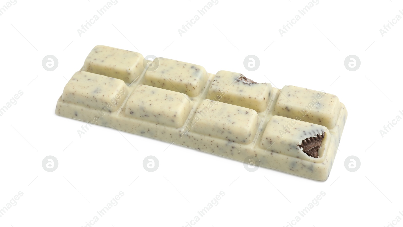 Photo of One tasty chocolate bar with crumbs of cookie isolated on white