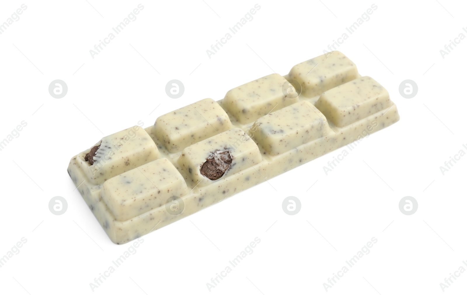 Photo of One tasty chocolate bar with crumbs of cookie isolated on white