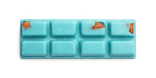 Photo of One bright chocolate bar with almonds isolated on white, top view