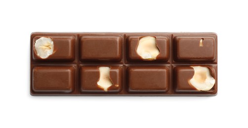 Photo of One tasty chocolate bar with nuts isolated on white, top view