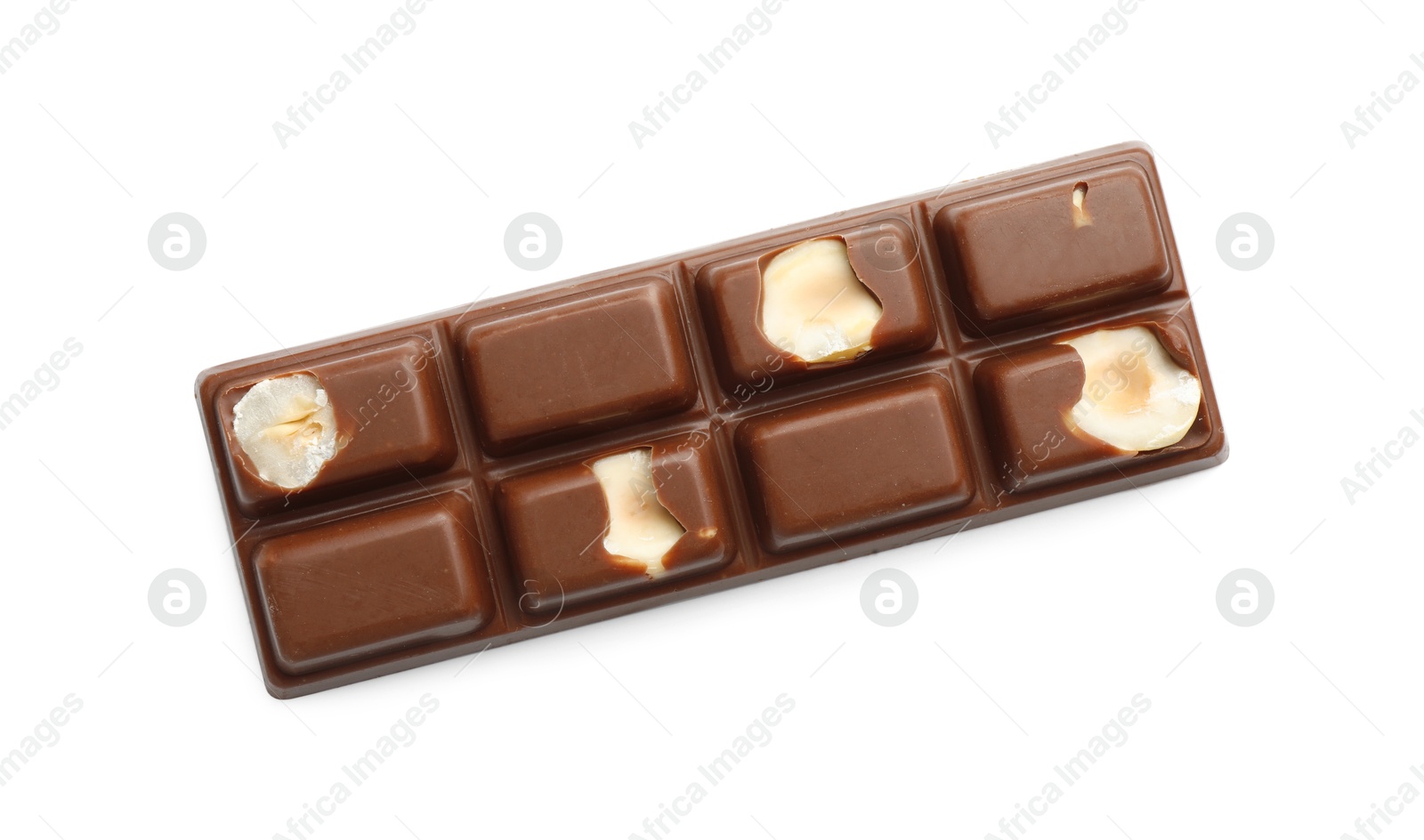 Photo of One tasty chocolate bar with nuts isolated on white, top view