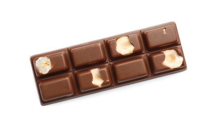 Photo of One tasty chocolate bar with nuts isolated on white, top view