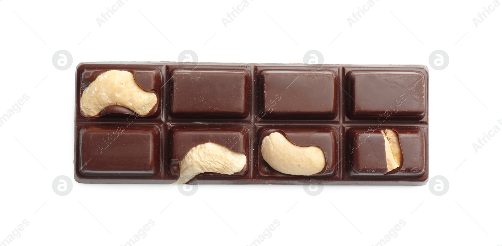 Photo of One tasty chocolate bar with cashew nuts isolated on white, top view