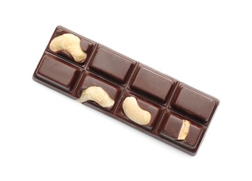 Photo of One tasty chocolate bar with cashew nuts isolated on white, top view