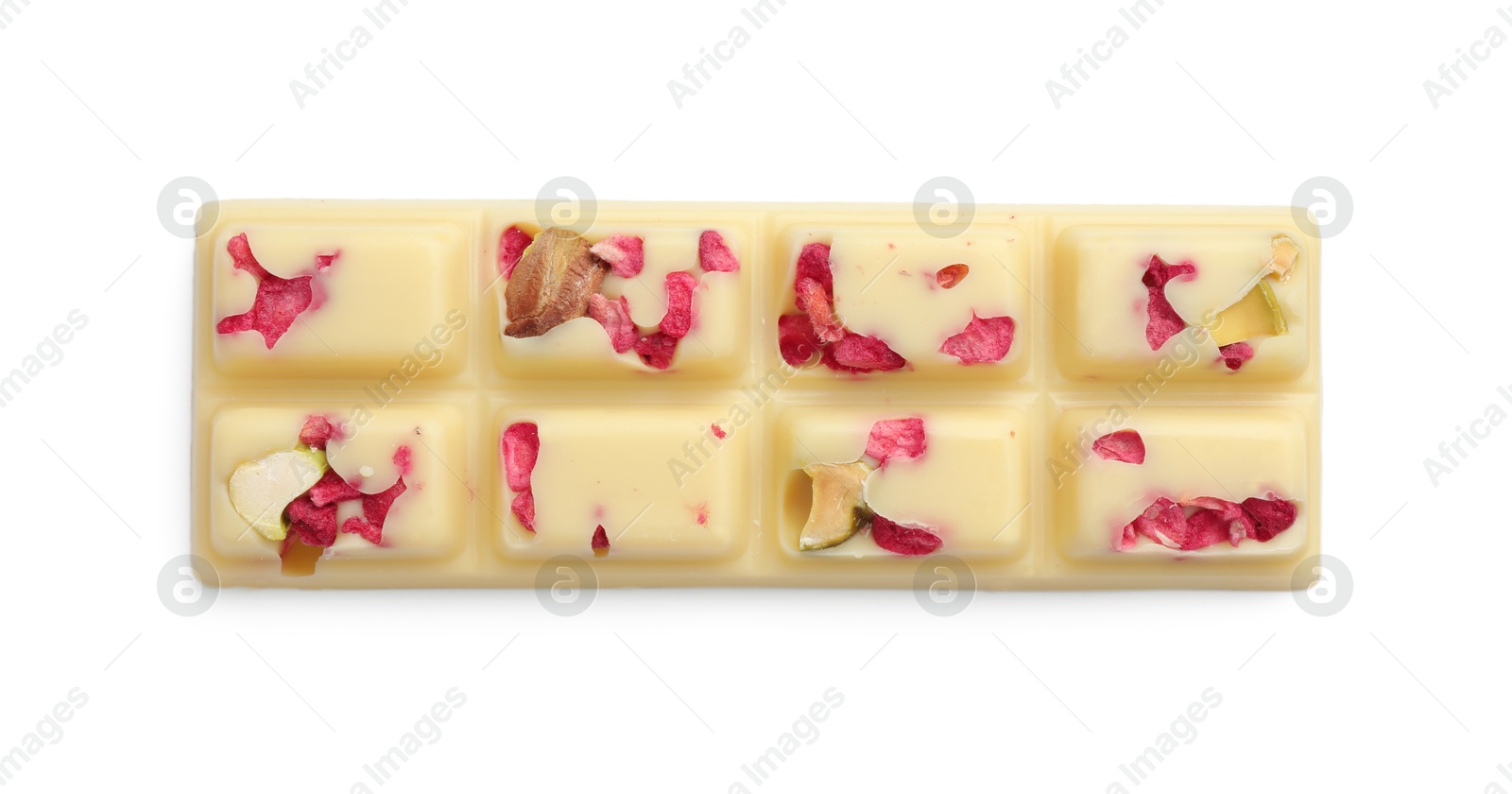 Photo of One tasty chocolate bar with pieces of raspberries and nuts isolated on white, top view