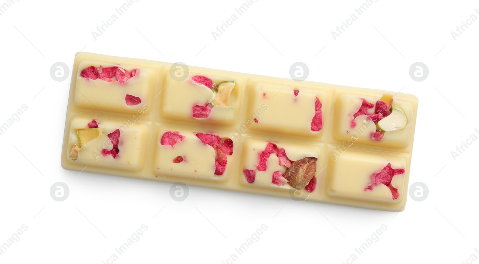 Photo of One tasty chocolate bar with pieces of raspberries and nuts isolated on white, top view