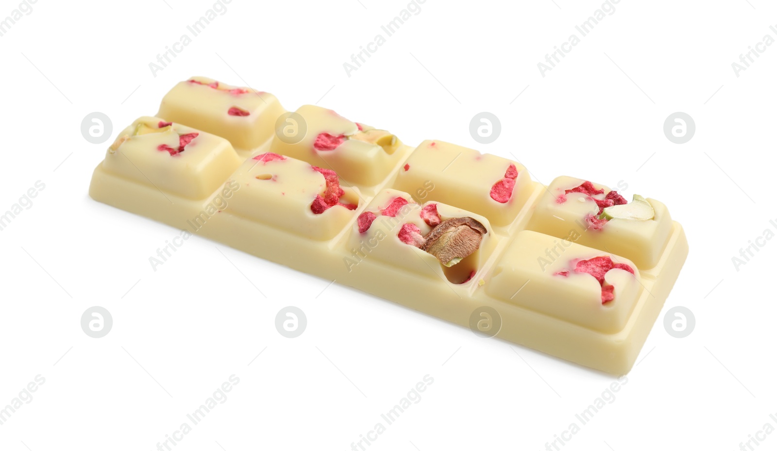 Photo of One tasty chocolate bar with pieces of raspberries and nuts isolated on white