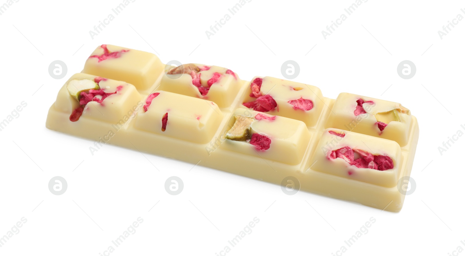 Photo of One tasty chocolate bar with pieces of raspberries and nuts isolated on white