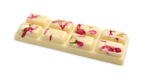 Photo of One tasty chocolate bar with pieces of raspberries and nuts isolated on white