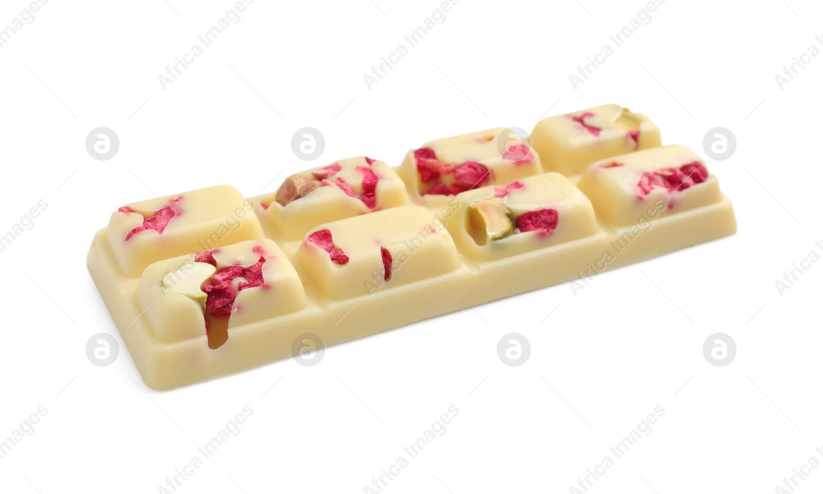 Photo of One tasty chocolate bar with pieces of raspberries and nuts isolated on white