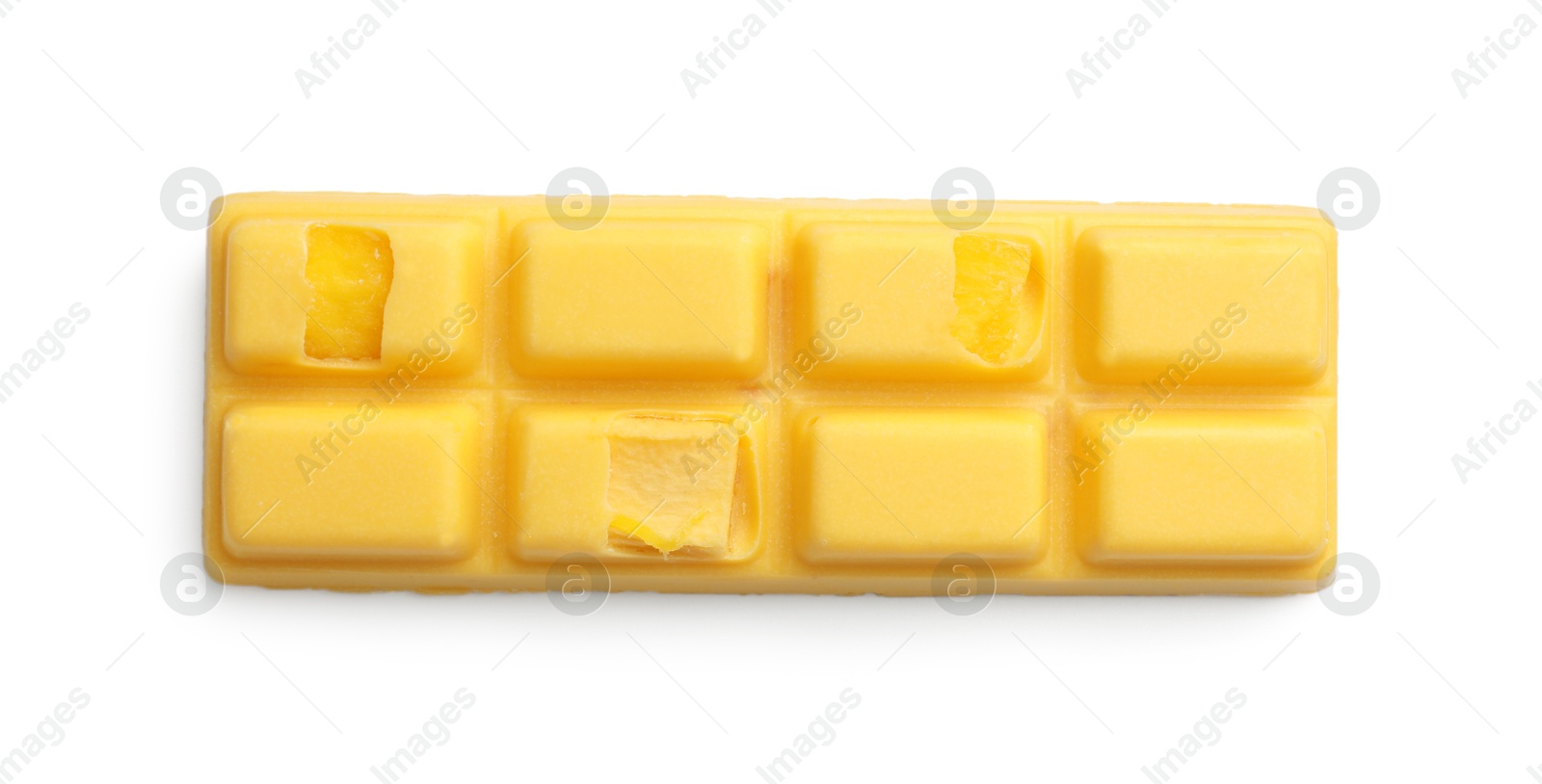 Photo of One tasty chocolate bar with pieces of fruit isolated on white, top view