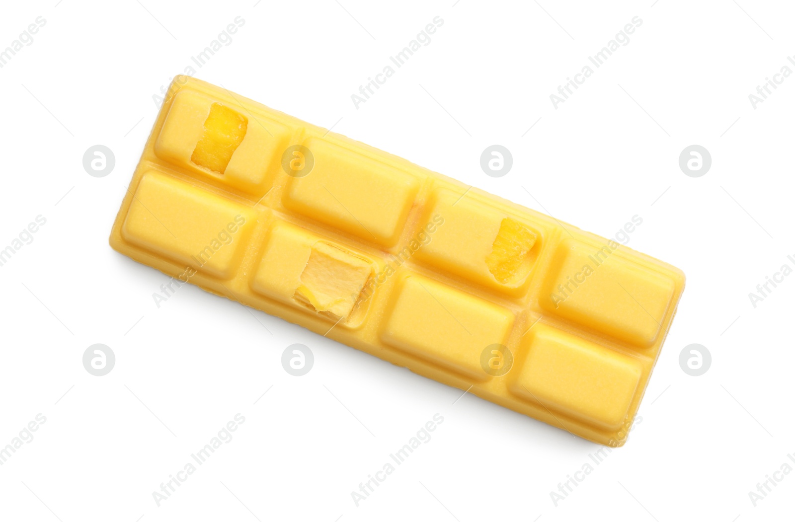 Photo of One tasty chocolate bar with pieces of fruit isolated on white, top view