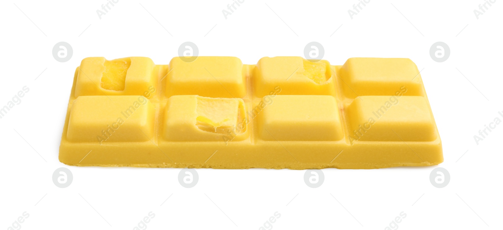 Photo of One tasty chocolate bar with pieces of fruit isolated on white