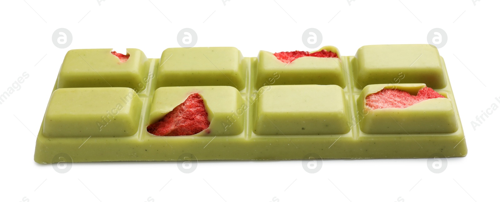 Photo of One tasty chocolate bar with pieces of strawberries isolated on white