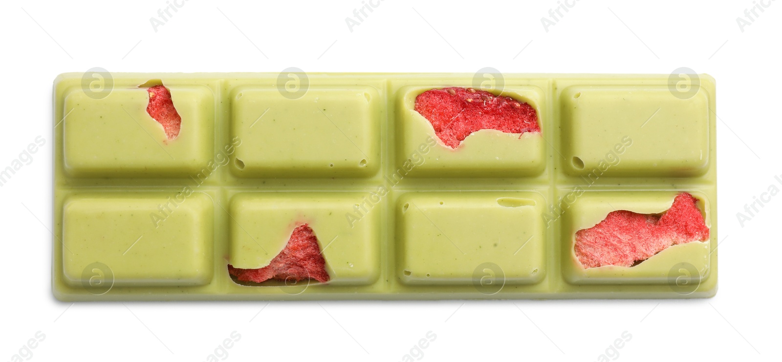 Photo of One tasty chocolate bar with pieces of strawberries isolated on white, top view