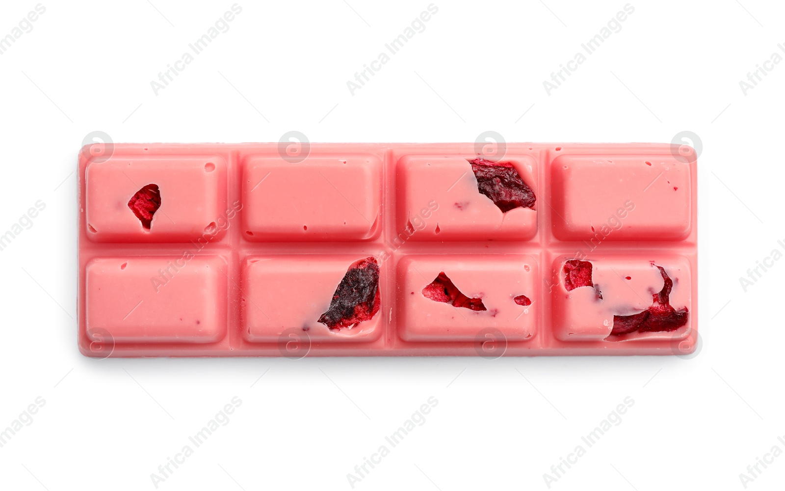 Photo of One tasty chocolate bar with pieces of berries isolated on white, top view