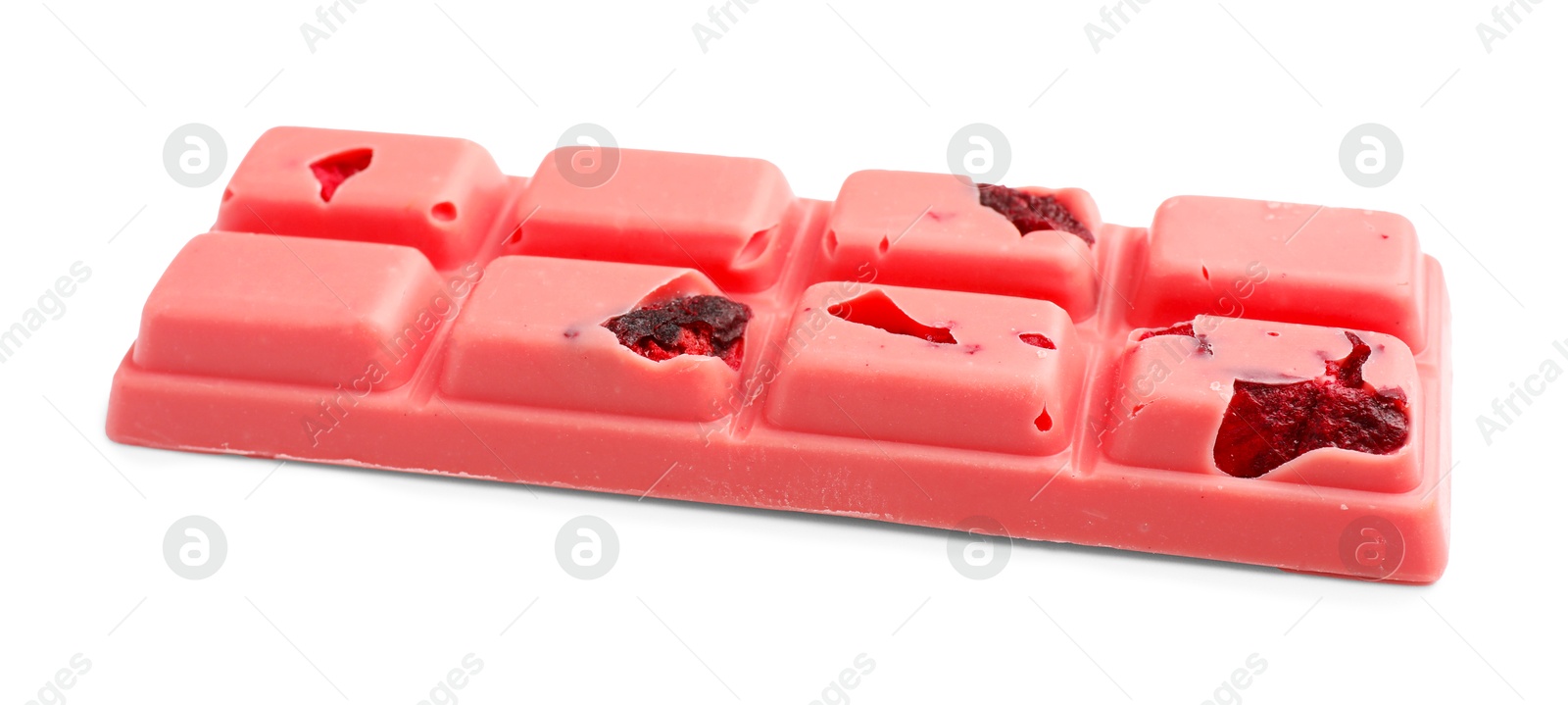 Photo of One tasty chocolate bar with pieces of berries isolated on white