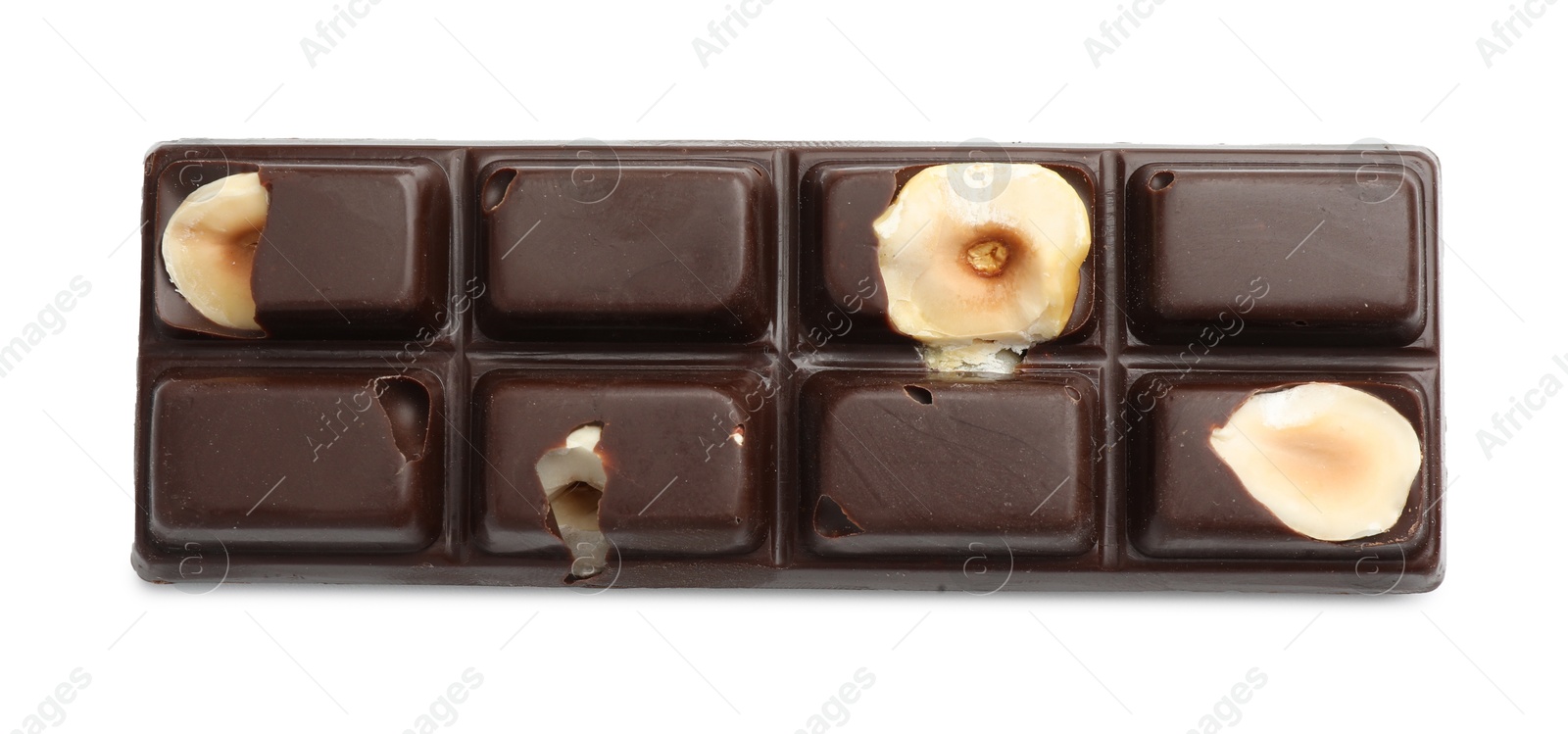 Photo of One tasty chocolate bar with nuts isolated on white, top view