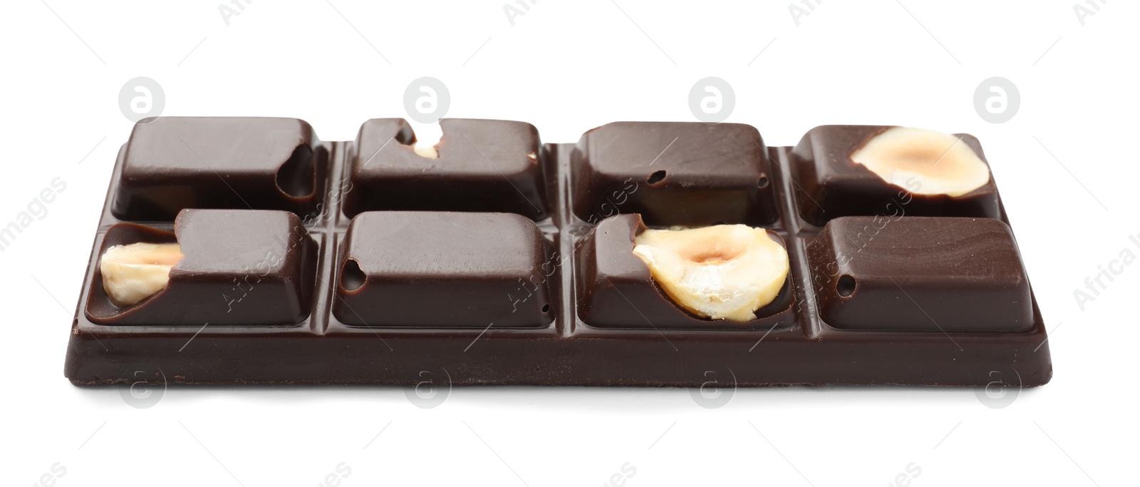 Photo of One tasty chocolate bar with nuts isolated on white