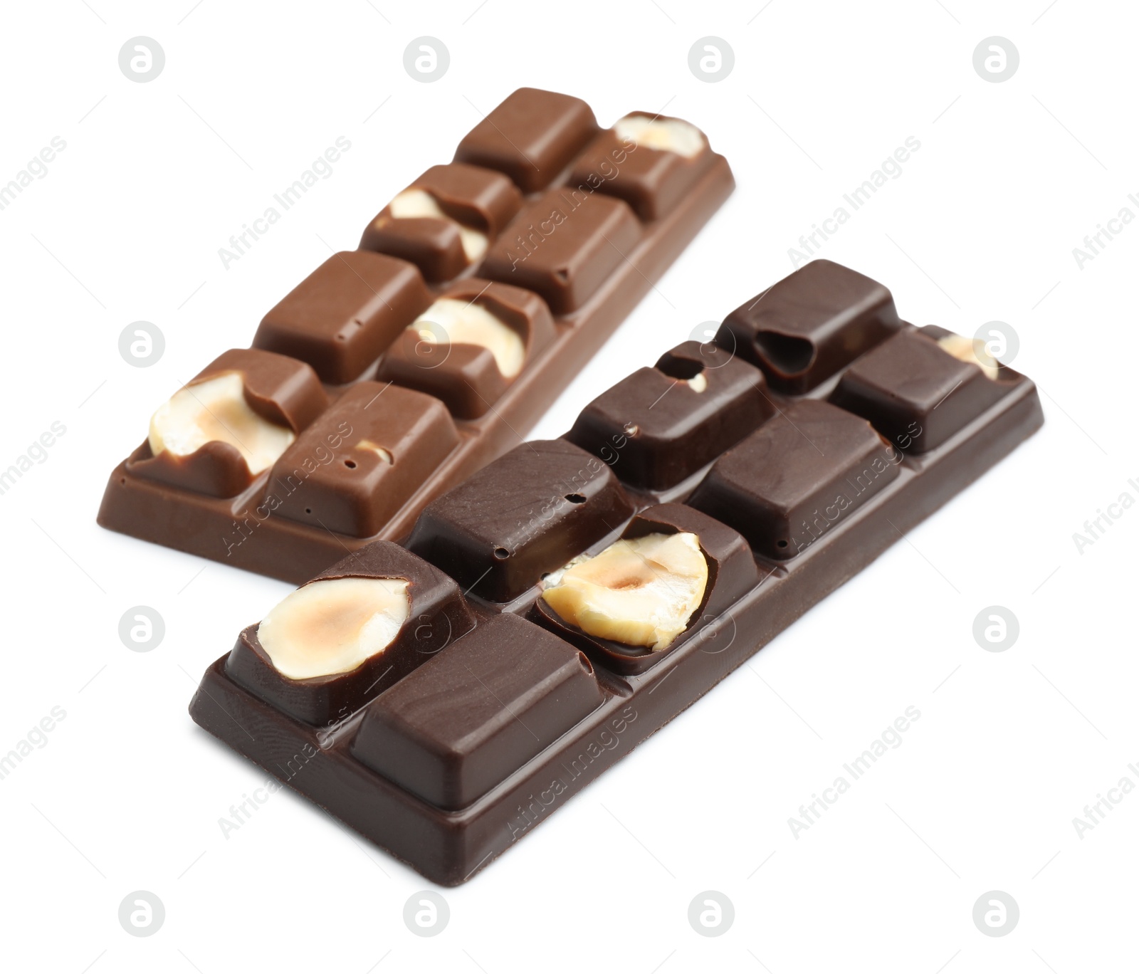 Photo of Tasty chocolate bars with nuts isolated on white