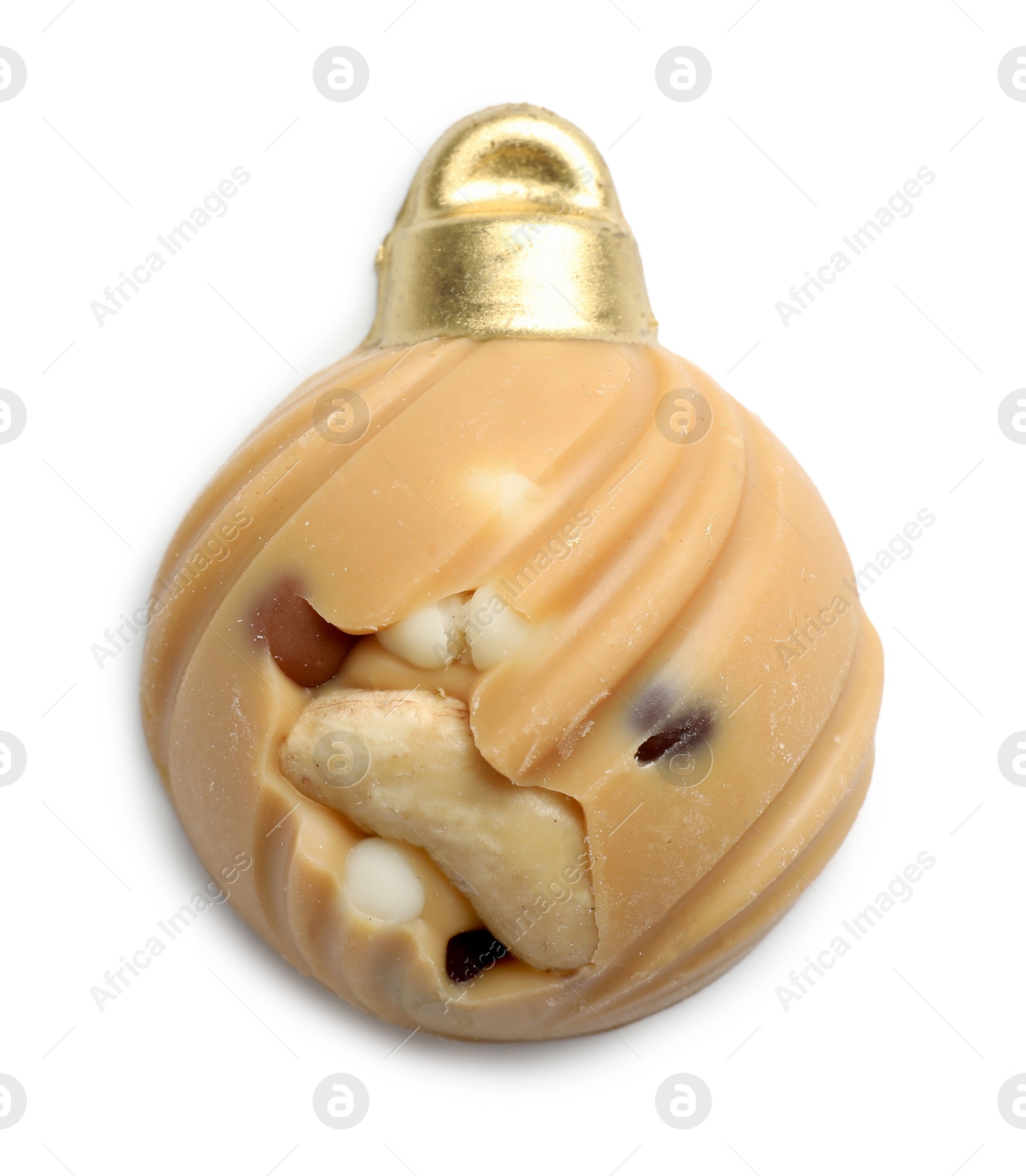 Photo of Delicious chocolate in shape of Christmas bauble isolated on white, top view