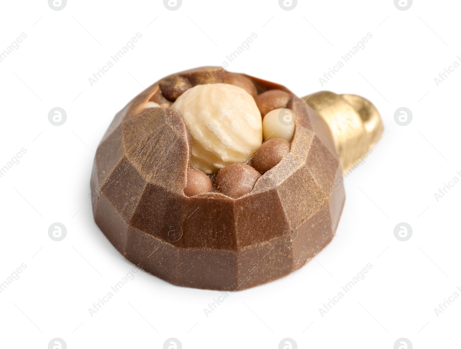 Photo of Delicious chocolate in shape of Christmas bauble isolated on white