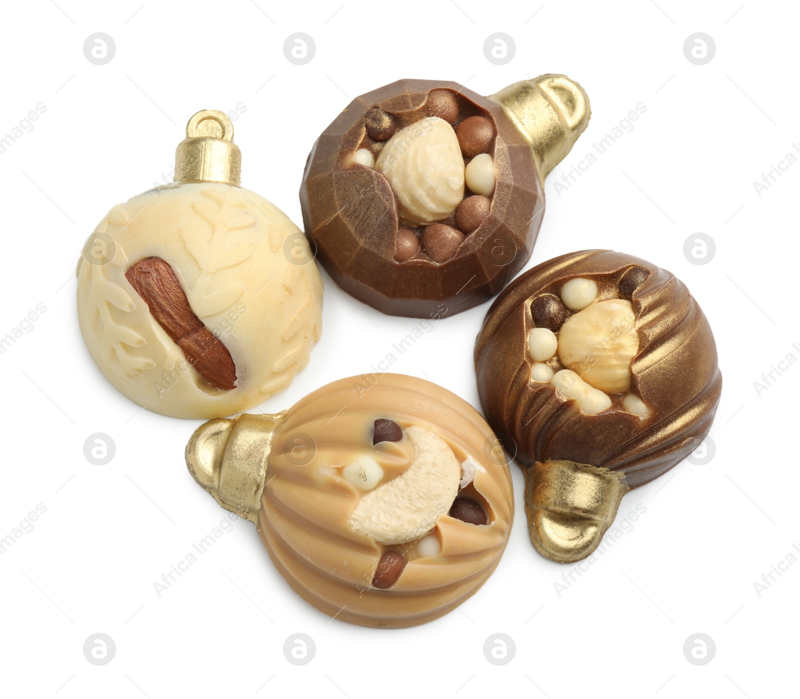 Photo of Delicious chocolate in shape of Christmas baubles isolated on white, top view