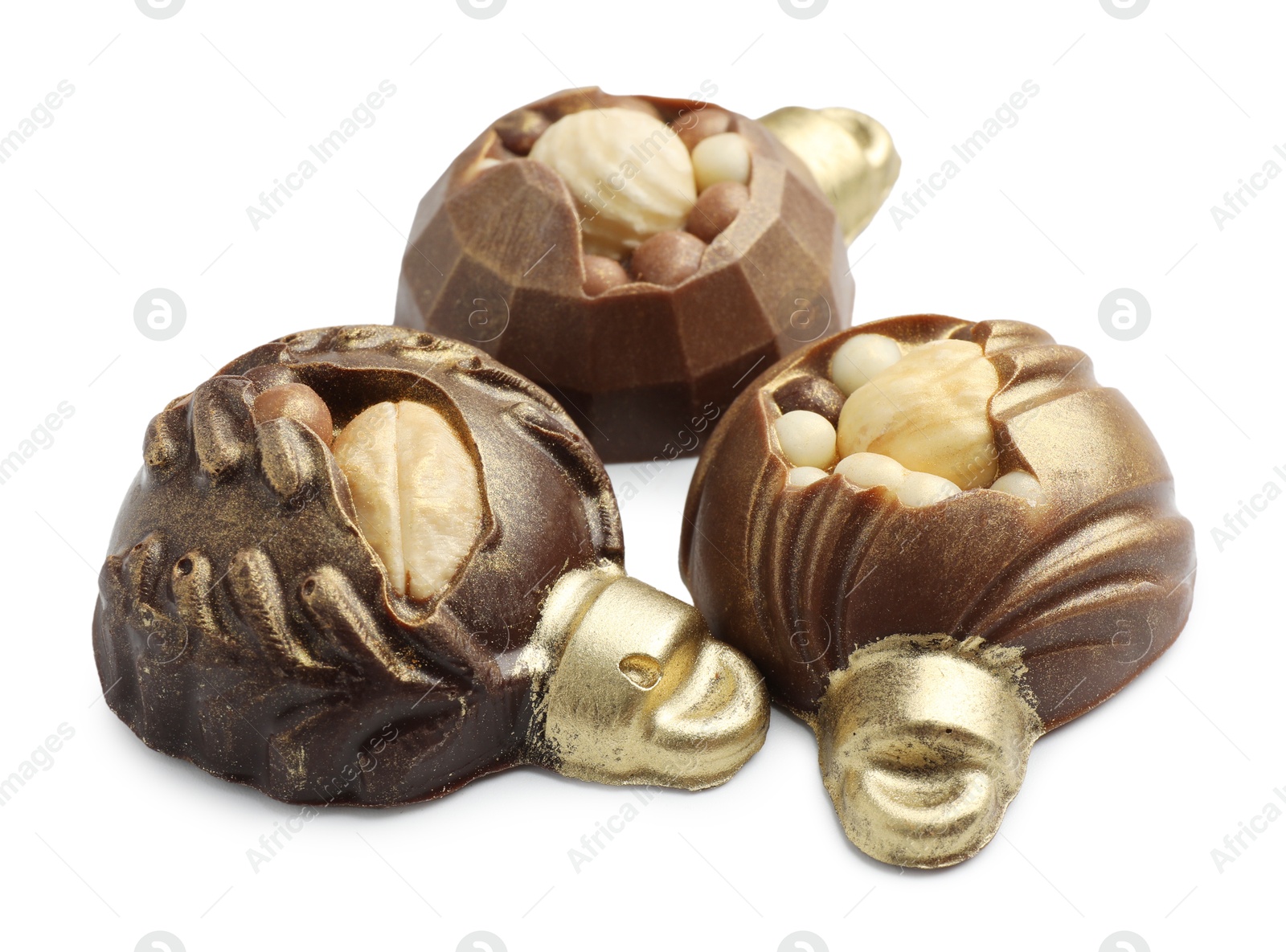 Photo of Delicious chocolate in shape of Christmas baubles isolated on white