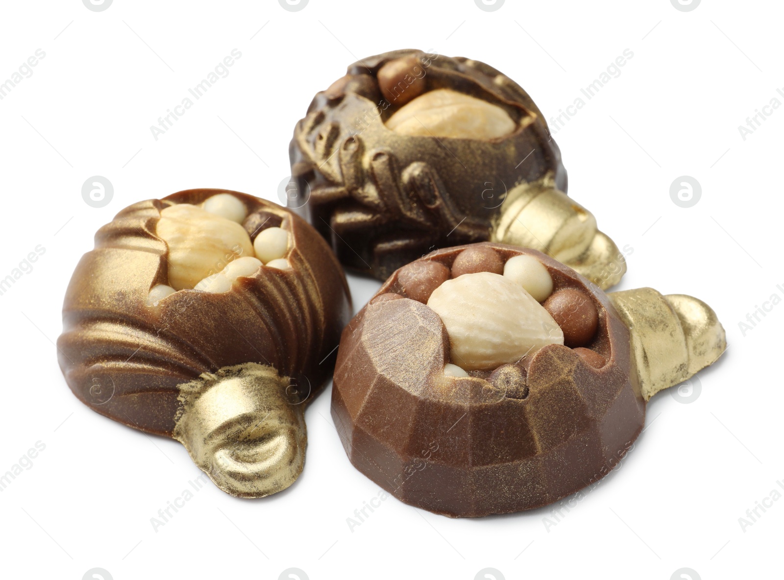 Photo of Delicious chocolate in shape of Christmas baubles isolated on white