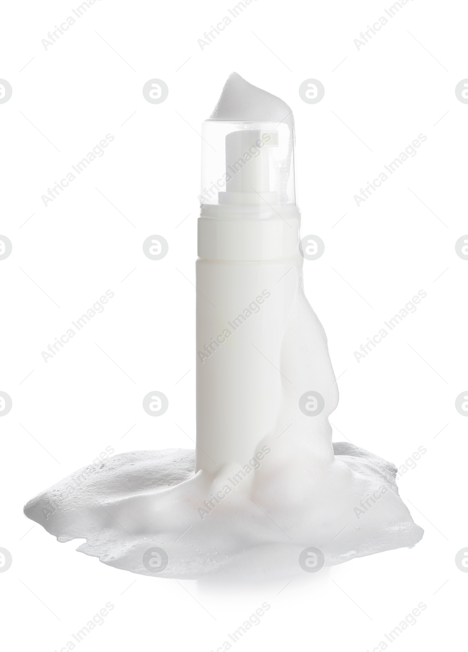 Photo of Bottle of cosmetic product with foam isolated on white