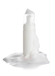 Photo of Bottle of cosmetic product with foam isolated on white