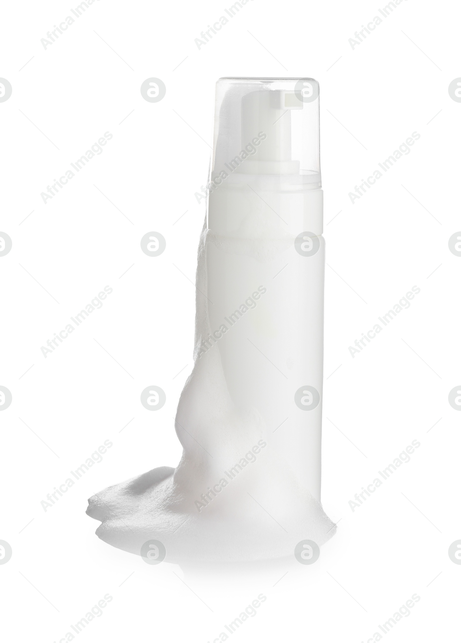 Photo of Bottle of cosmetic product with foam isolated on white