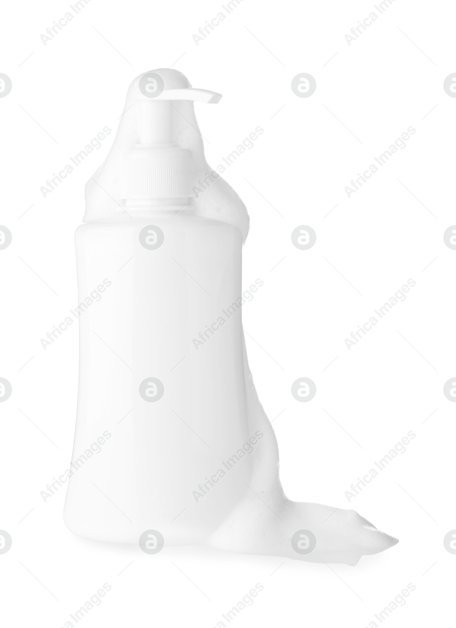 Photo of Bottle of cosmetic product with foam isolated on white