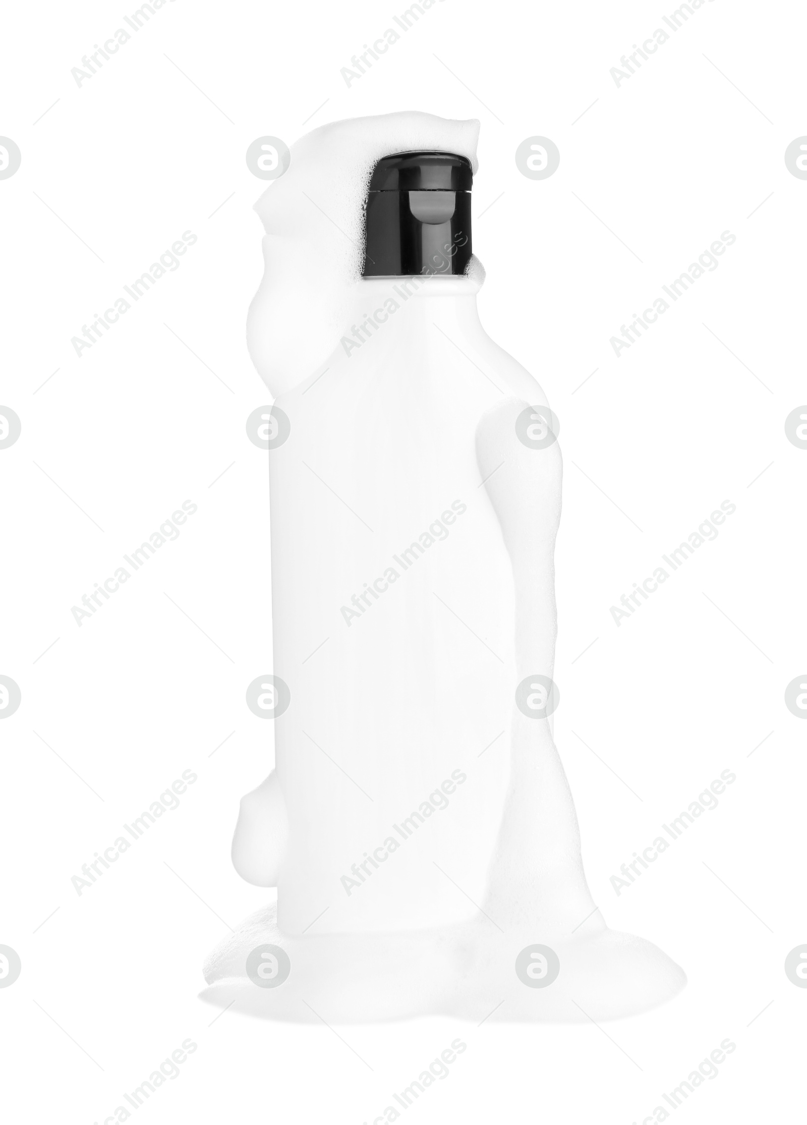 Photo of Bottle of cosmetic product with foam isolated on white