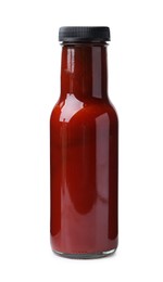 Photo of Delicious sauce in glass bottle isolated on white