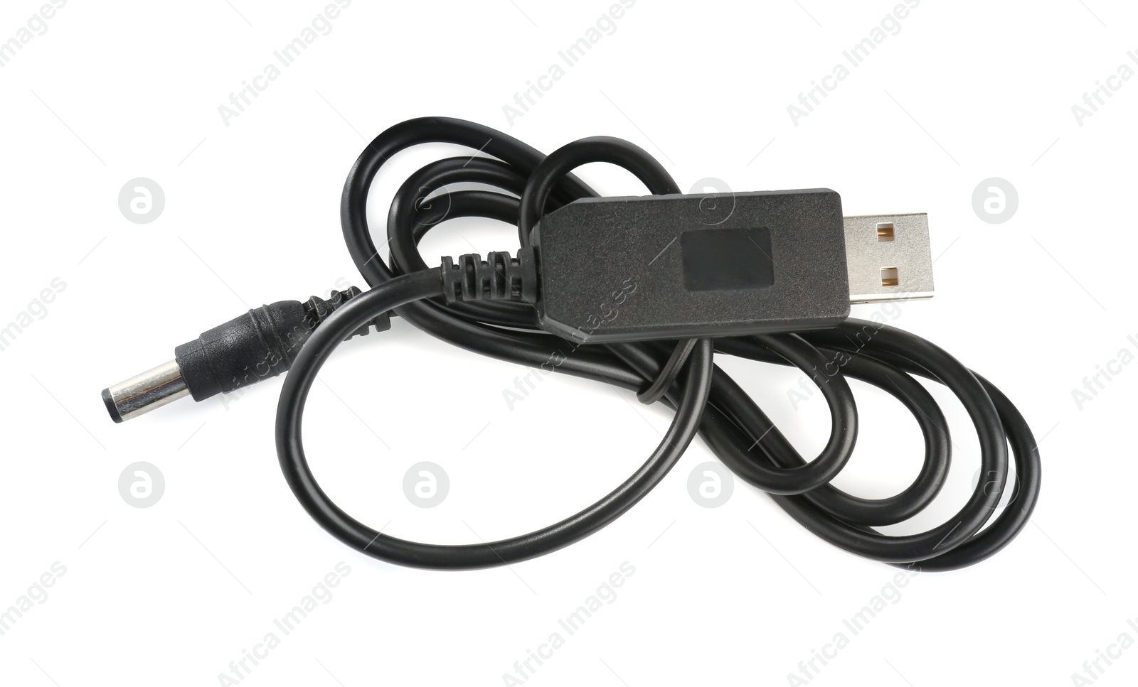 Photo of Black USB charge cable isolated on white, top view