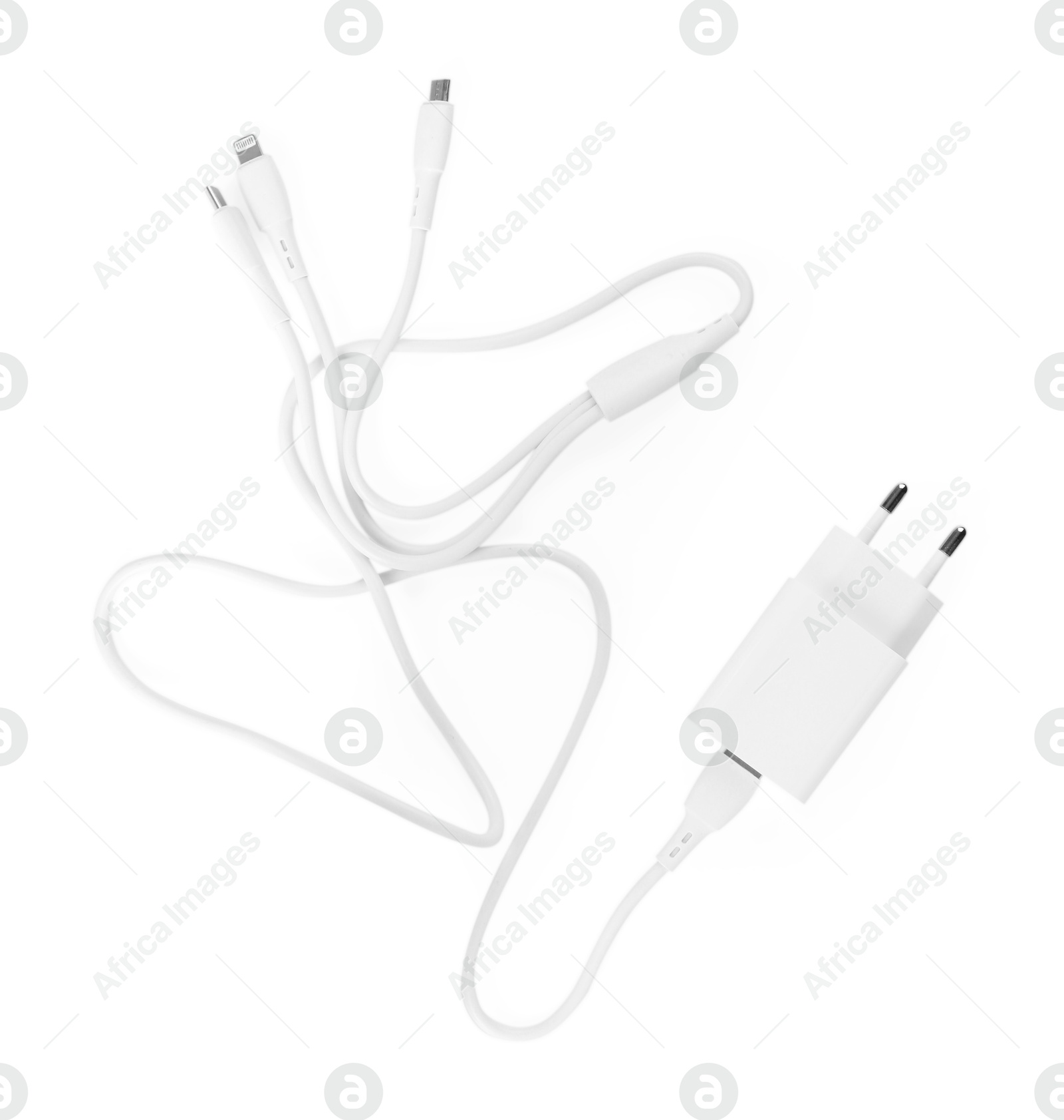 Photo of USB power adapter with triple charge cable isolated on white, top view