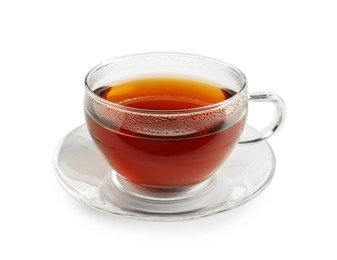 Photo of Refreshing black tea in cup isolated on white