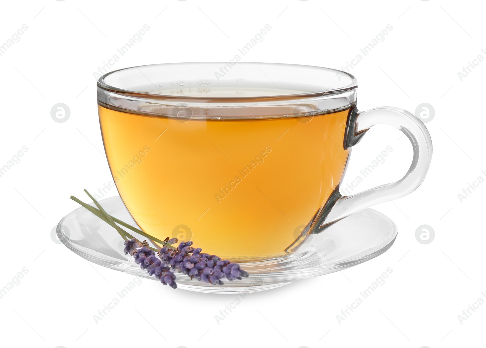 Photo of Aromatic lavender tea in glass cup and dry flowers isolated on white