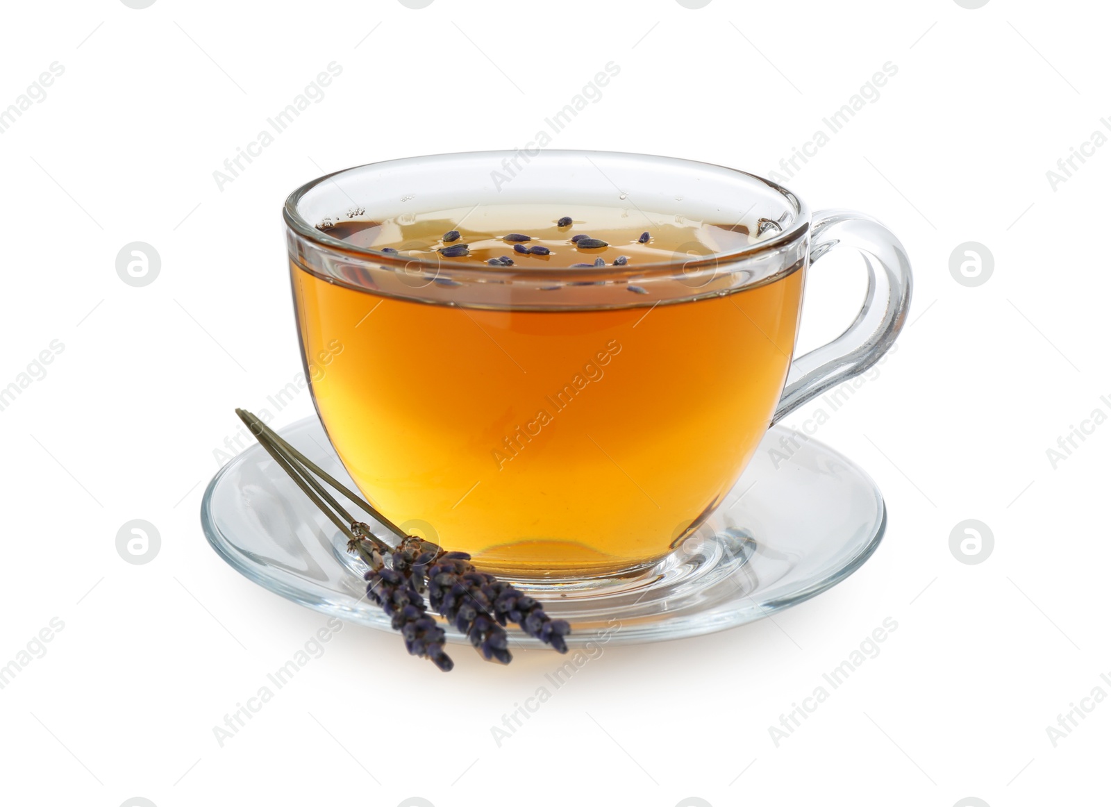 Photo of Aromatic lavender tea in glass cup and dry flowers isolated on white