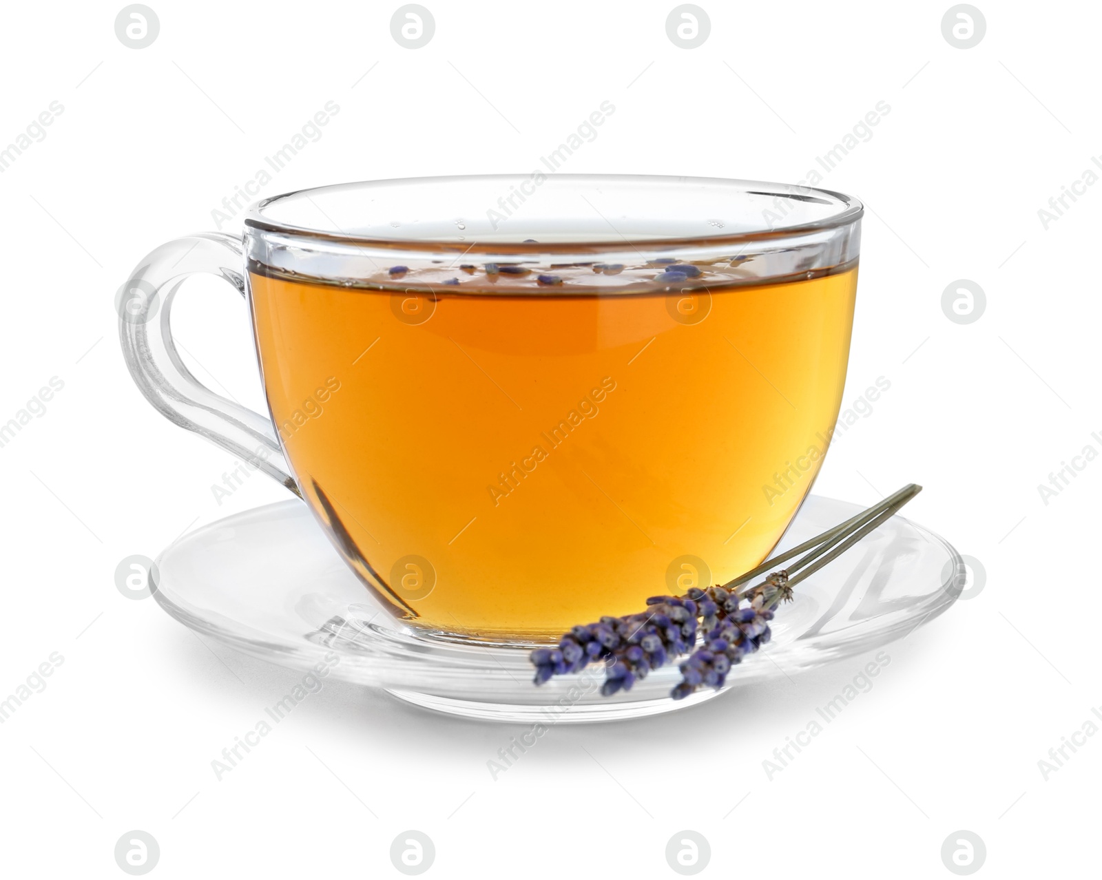 Photo of Aromatic lavender tea in glass cup and dry flowers isolated on white