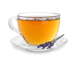 Aromatic lavender tea in glass cup and dry flowers isolated on white