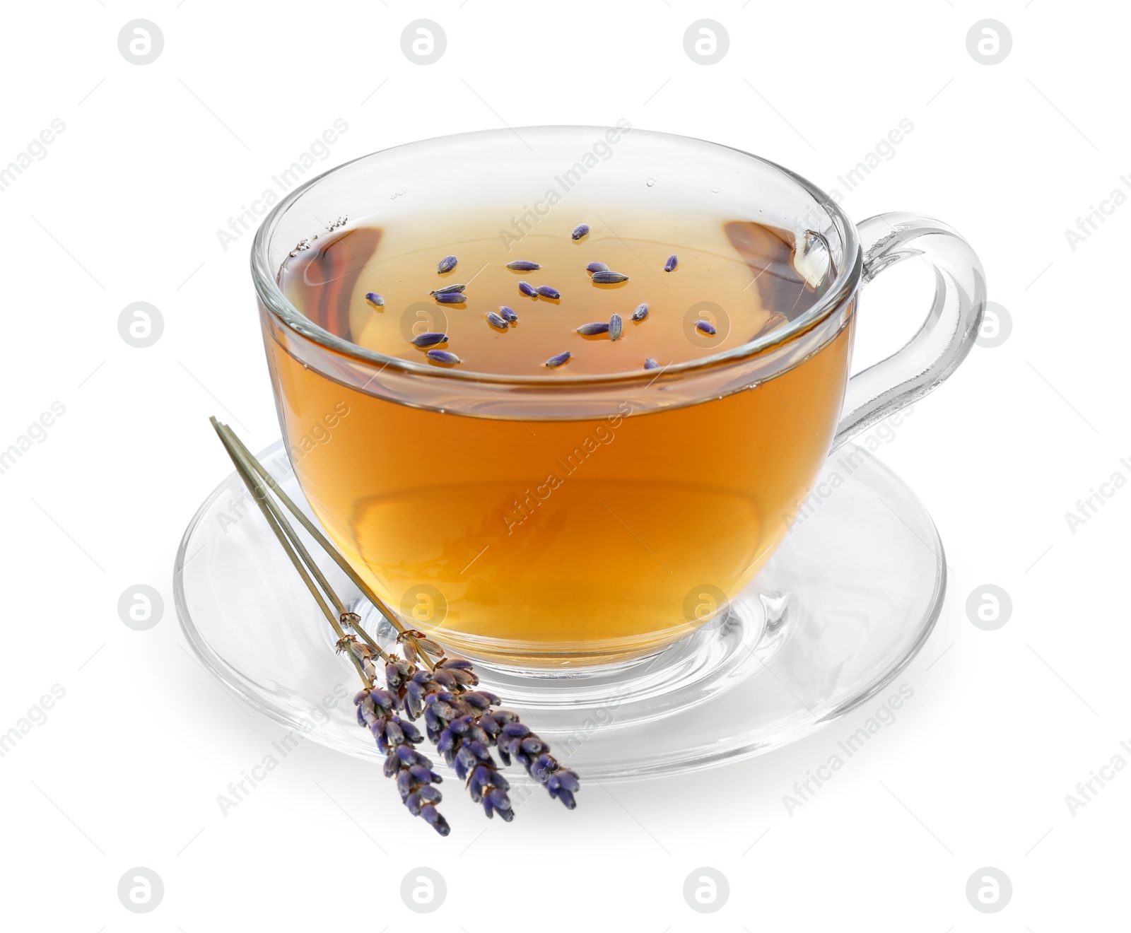 Photo of Aromatic lavender tea in glass cup and dry flowers isolated on white