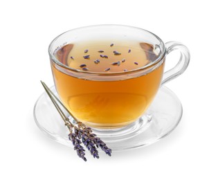 Aromatic lavender tea in glass cup and dry flowers isolated on white