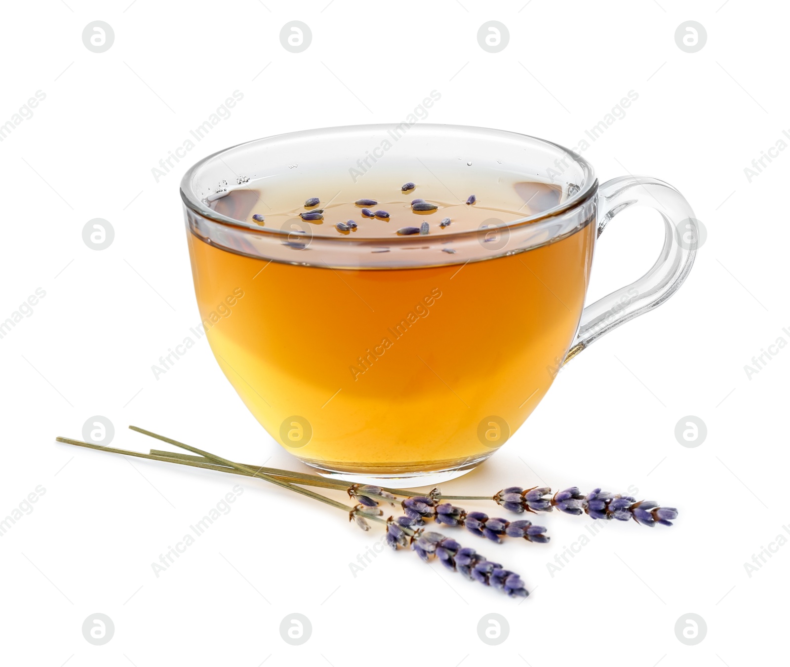 Photo of Aromatic lavender tea in glass cup and dry flowers isolated on white