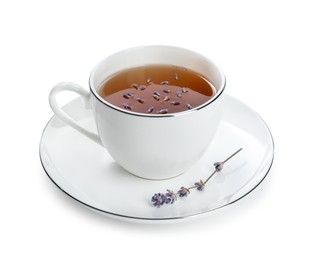 Photo of Aromatic lavender tea in cup and dry flowers isolated on white