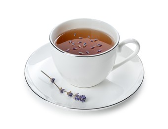 Photo of Aromatic lavender tea in cup and dry flowers isolated on white